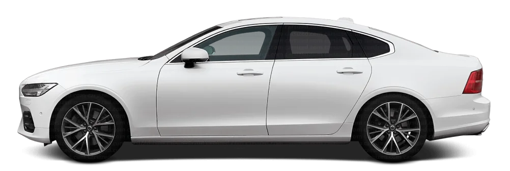 Side view of a sleek white sedan with sporty alloy wheels and a modern design, set against a black background.