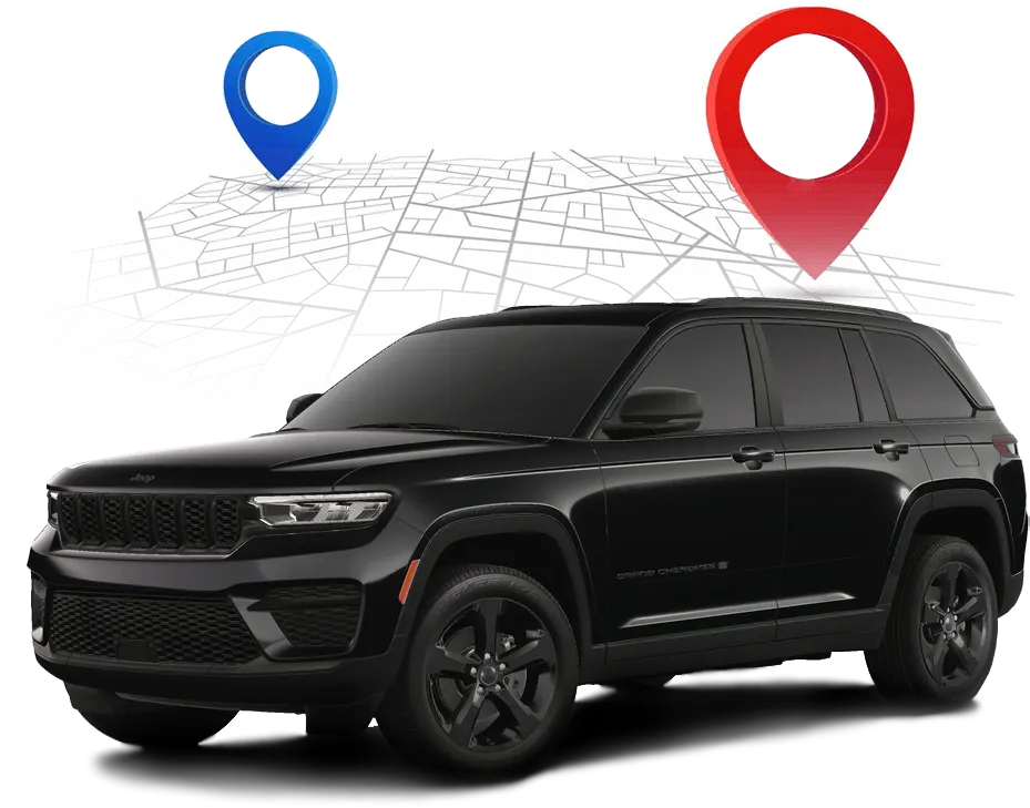 A sleek black Jeep Grand Cherokee is prominently displayed with location markers on a stylized map background.