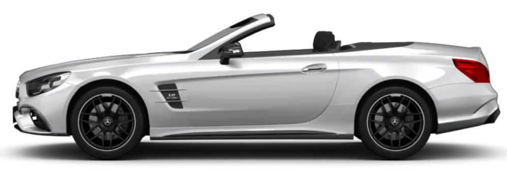 Side view of a sleek silver convertible car featuring black alloy wheels and a lowered roof.
