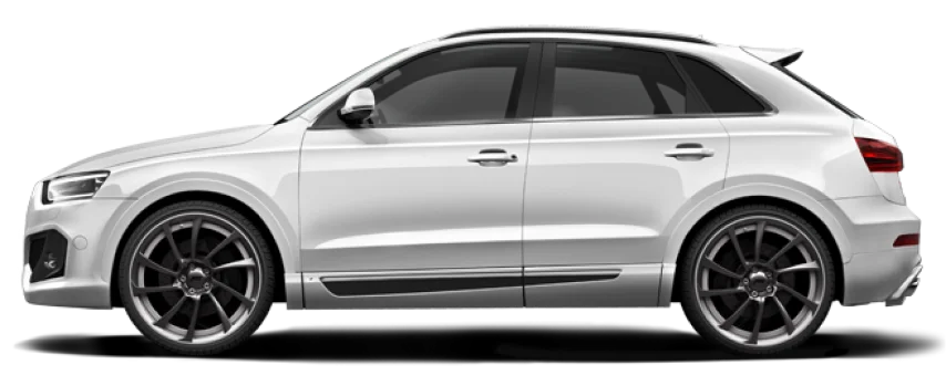 A sleek white SUV with dark alloy wheels, showcasing a modern design and tinted windows, viewed from the side.