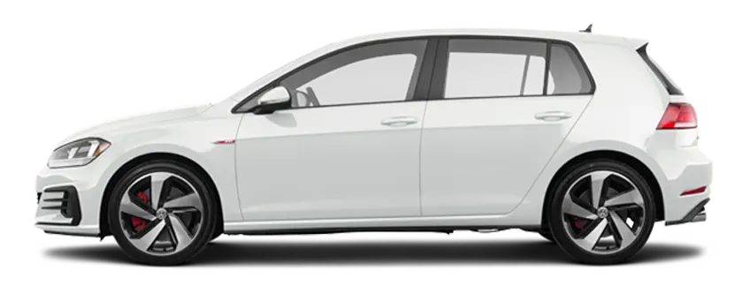 White Volkswagen Golf GTI with sporty design, prominent red accents, and sleek alloy wheels, shown in side view against a plain background.