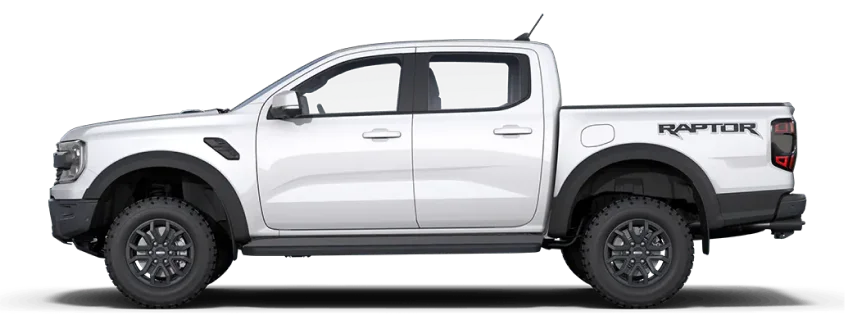 A white Ford Raptor truck in profile view, showcasing rugged tires and a prominent 