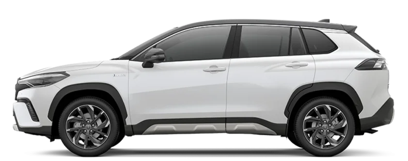 Side view of a modern white SUV with sleek lines, alloy wheels, and a distinctive two-tone color scheme.
