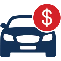 Icon depicting the front view of a car with a dollar sign in a red circle, symbolizing automotive value or pricing.